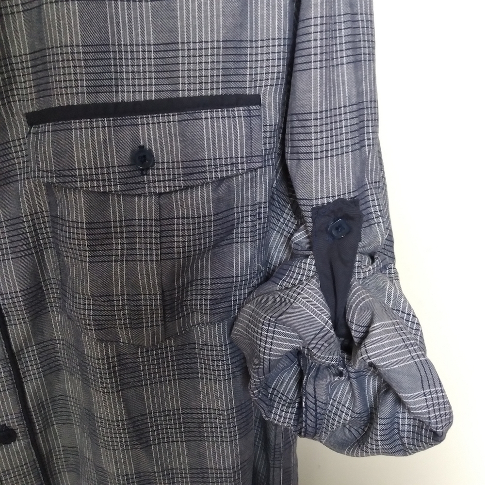 Knockout Jeans Blue Plaid Tab Sleeve Button Front Shirt Size XL - Picture 3 of 7